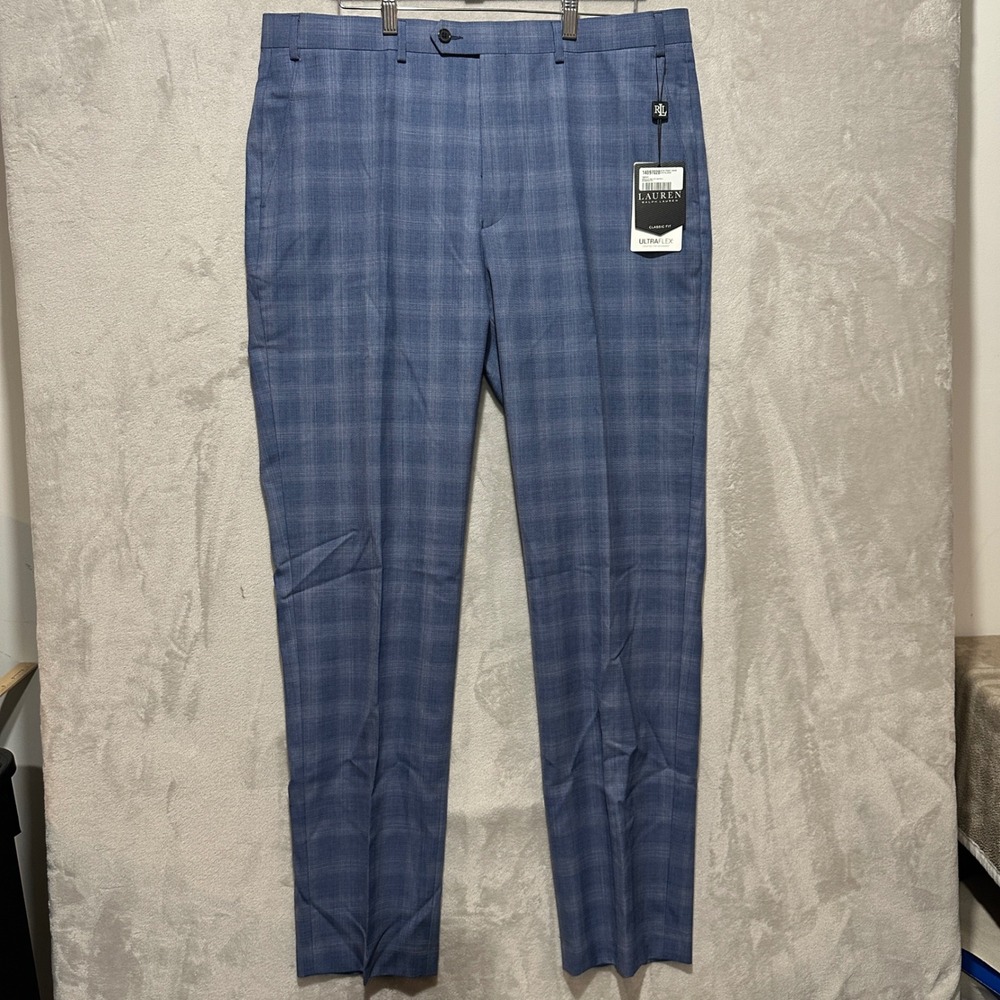 Lauren Ralph Lauren Mens 38x34 Blue Plaid Ultraflex Classic Fit Suit Trousers